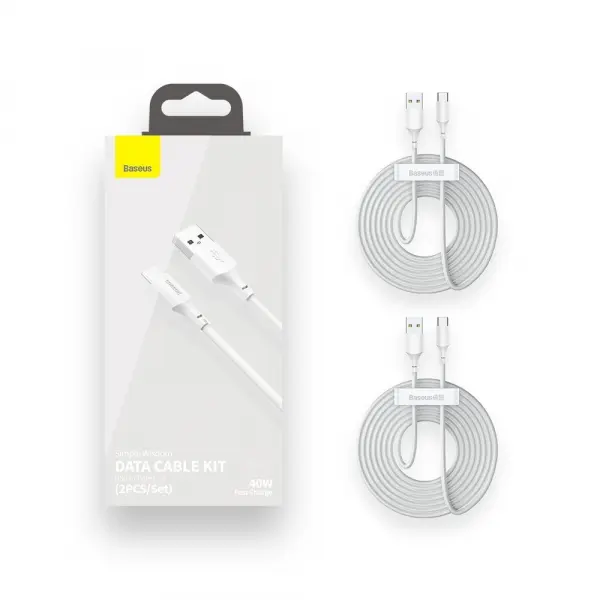Cablu Date si Incarcare USB-A - USB-C Baseus, 40W, 1.5m, Set 2 bucati, Alb TZCATZJ-02