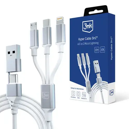 Cablu Date si Incarcare USB-A / USB-C - Lightning / microUSB / USB-C 3MK Hyper, 12W, 1.5m, Alb