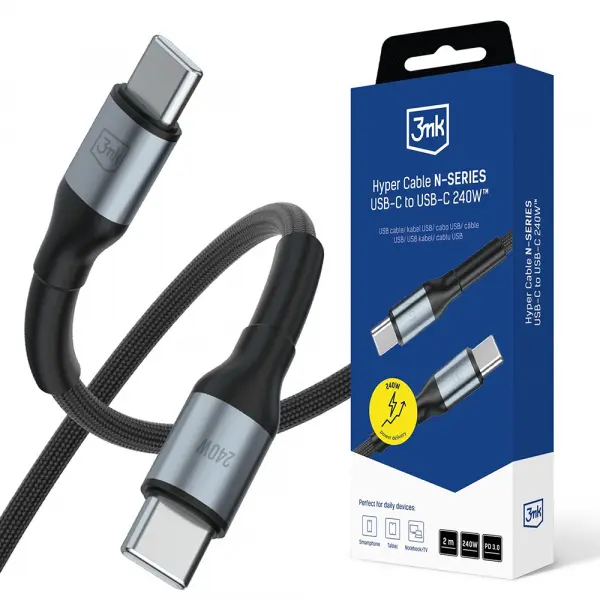 Cablu Date si Incarcare USB-C - USB-C 3MK Hyper N, 240W, 2m, Negru