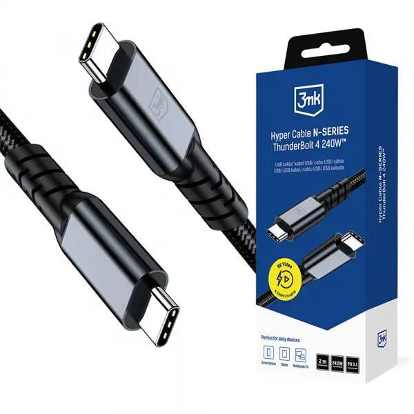 Cablu Date si Incarcare USB-C - USB-C 3MK Hyper N Thunderbolt 4, 240W, 2m, Negru