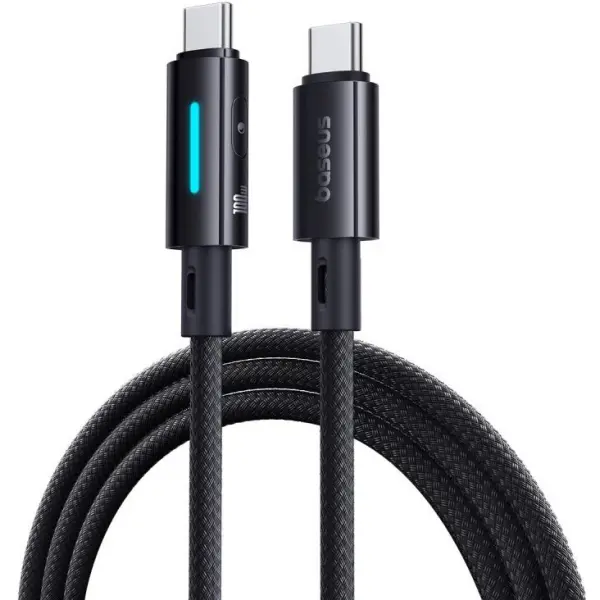 Cablu Date si Incarcare USB-C - USB-C Baseus Lit Button Control, 100W, 2m, Negru P10379000121-01