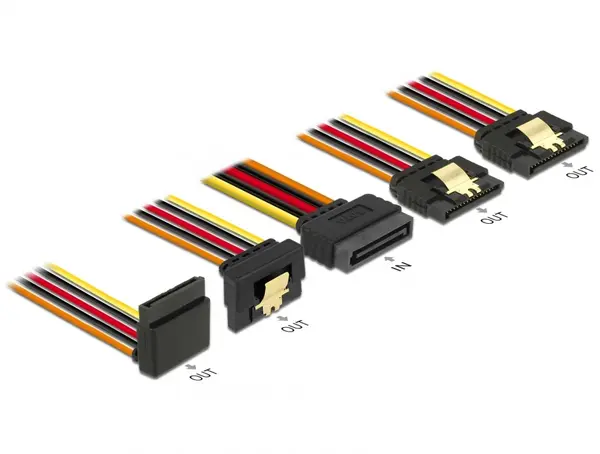 Cablu de alimentare SATA 15 pini la 2 x SATA drepte + 1 x unghi sus + 1 x unghi jos 50cm, Delock 60149