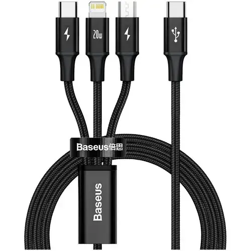 Cablu de date Baseus 3 in 1, USB Type-C la MicroUSB+Lightning+Type-C, PD 20W, 1.5m, Negru