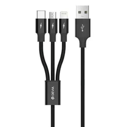 Cablu de date Devia Kintone Series 3 In 1 Tube, USB - Lightning/MicroUSB/USB-Type-C, 1.2m, Negru