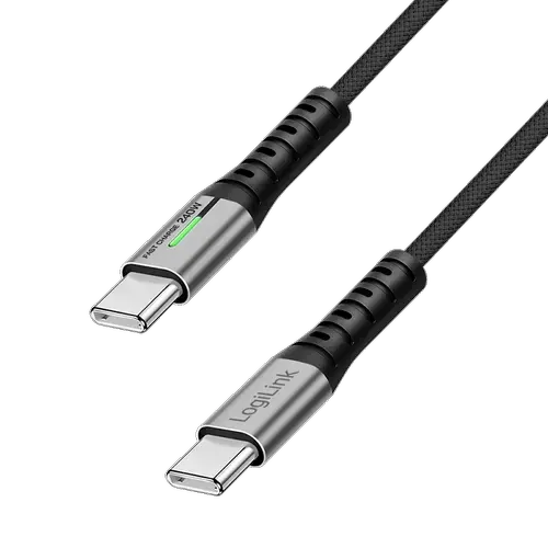 Cablu de date si alimentare LogiLink CU0441, USB 3.2, USB Gen Type-C (T) la USB Type-C (T), 0.5m, PD 240W, 3 x ecranat, 4K/60Hz, 20Gbps, LED, metal (Negru)