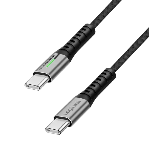 Cablu de date si alimentare LogiLink CU0444, USB 3.2, USB Gen Type-C (T) la USB Type-C (T), 2m, PD 240W, 3 x ecranat, 4K/60Hz, 20Gbps, LED, metal (Negru)