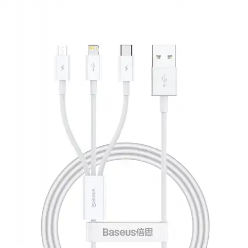 Cablu de date si incarcare Baseus Superior Series, USB-A - Lightning / microUSB / USB-C, 20W, 0.5m (Alb)