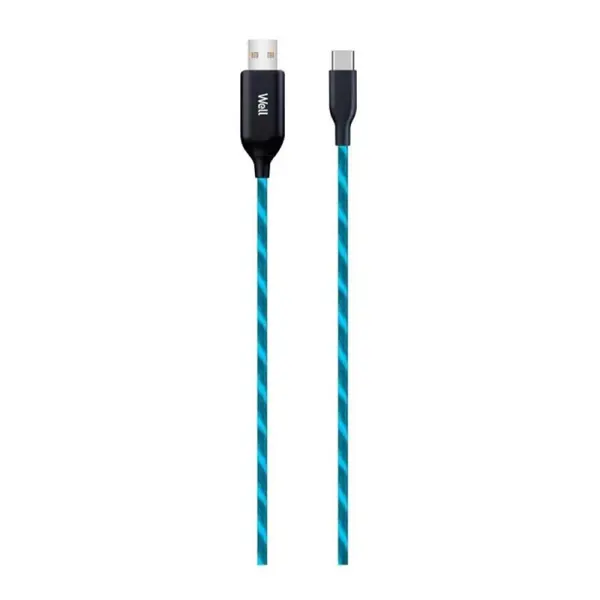 Cablu de Date si Incarcare USB 2.0 A Tata - USB-C, 1 m, cu Flux de Lumina, Well, Albastru