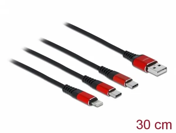 Cablu de incarcare 3 in 1 USB-A la Lightning / 2 x USB-C T-T 0.3m, Delock 86708