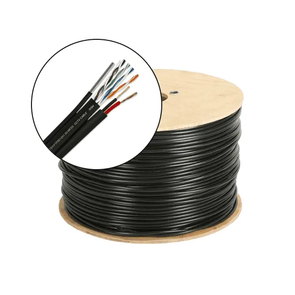 Cablu FTP Cat5e autoportant cu alimentare 2×1.5 CCA, cupru 100% pe date, 305m, negru, TSY