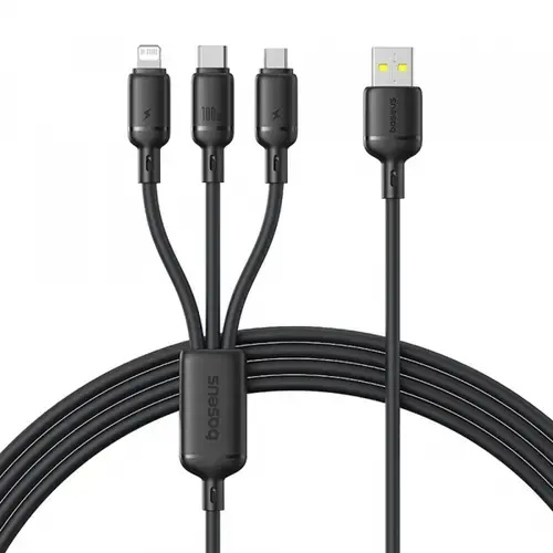 Cablu incarcare Baseus Silky 3in1, USB-A - Lightning / microUSB / USB-C, 100W, 1.5m (Negru)