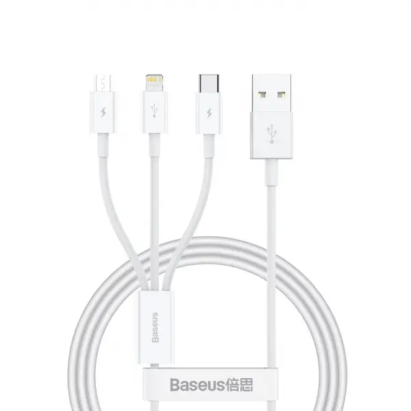 Cablu Incarcare USB-A - Lightning / microUSB / USB-C Baseus Superior 3in1 Series, 20W, 0.5m, Alb