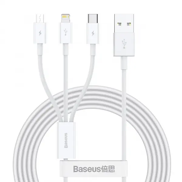 Cablu Incarcare USB-A - Lightning / microUSB / USB-C Baseus Superior 3in1 Series, 20W, 1.2m, Alb CAMLTYS-02
