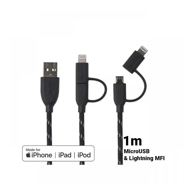 Cablu MicroUSB & Lightning MFI Boompods Duo Black (1m, impletitura textila)