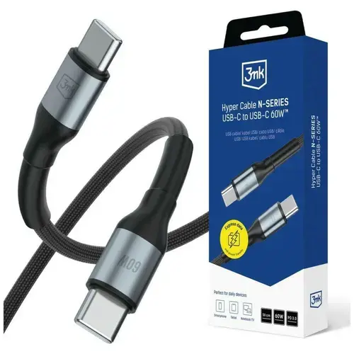 Cablu pentru incarcare si transfer de date 3mk Hyper N-SERIES, 2x USB-C, 60W, 3A, 0.5m, Negru