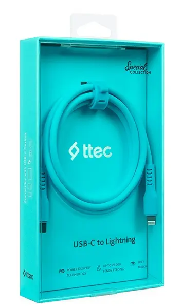 Cablu ttec - Data, USB-C/Lightning, 1.2 m, Neon Blue