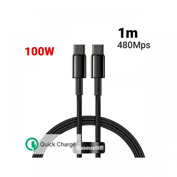 Cablu Type-C la Type-C Baseus Tungsten Gold Fast Charging 100W Black (1m, impletitura nylon)