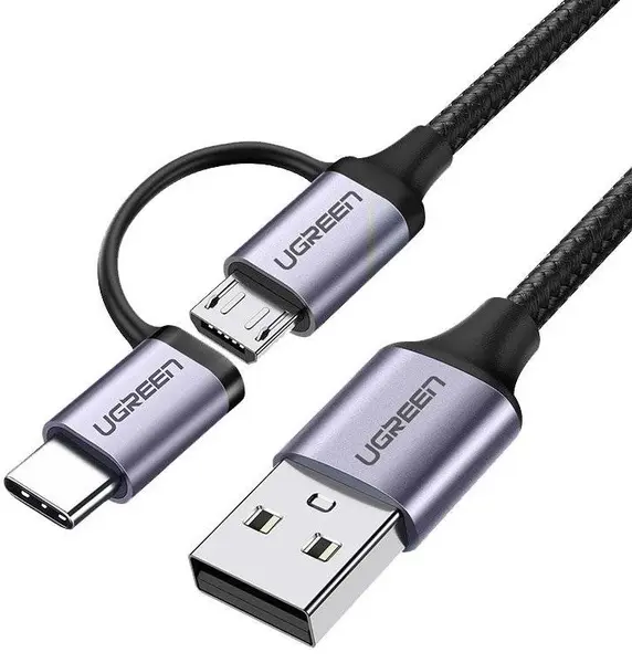 Cablu Ugreen - US177, USB-A/Micro USB/USB-C, 1 m, negru