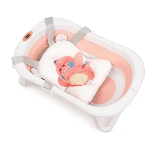 Cadita bebelusi Juju AquaSplash, 0+ luni, pliabila, cu pernuta detasabila, termometru electronic incorporat, dop scurgere, picioruse antiderapante, design ergonomic, Roz