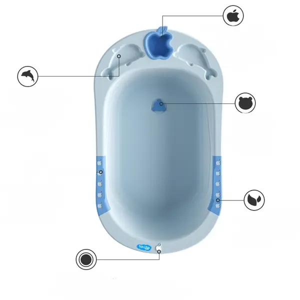 Cadita bebelusi Little Mom Apple Blue cu margini rotunjite, design ergonomic, buton de scurgere apa, dimensiuni 88 x 50.5 cm, varsta recomandata 0-12 luni