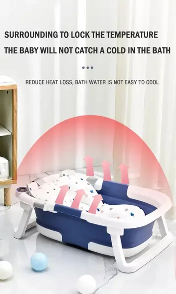 Cadita bebelusi ultrapliabila Little Mom Blue, cu pernuta moale plutitoare, termometru incorporat, display digital, cu dop pentru evacuarea apei, suport cap de dus, antiderapant, material Non-Toxic