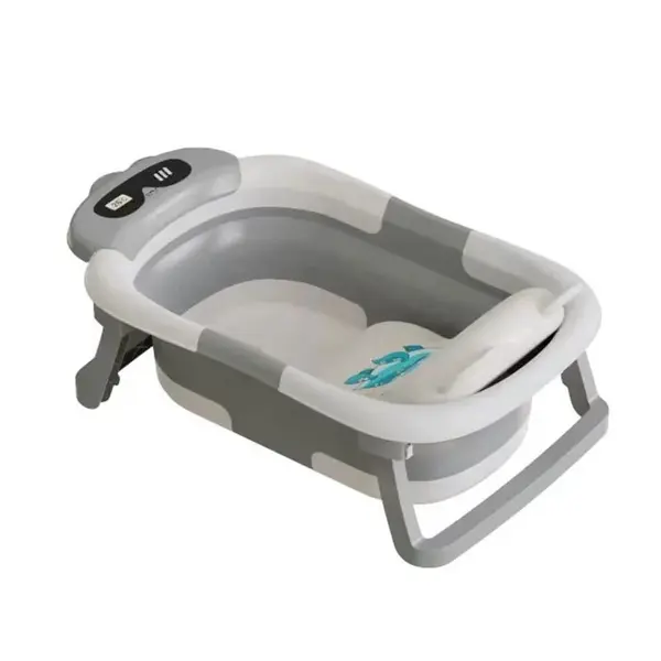 Cadita bebelusi ultrapliabila Little Mom Turtle Grey, cu pernuta moale detasabila, termometru incorporat, display digital, suport dus, sistem de agatare, dop pentru evacuarea apei, material non-toxic
