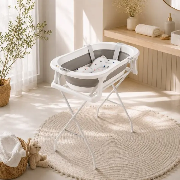 Cadita de baie pliabila Qmini Foldy Pro AlbGri, cu suport metalic si pernuta de baie, termometru electronic, dop si furtun pentru scurgere, antiderapanta, 80x49 cm