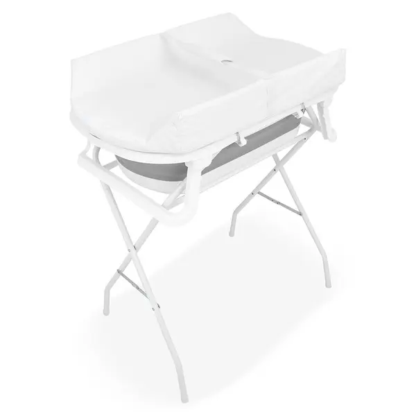 Cadita de baie pliabila Qmini Foldy Pro Care AlbGri, cu suport metalic si masuta de infasat, termometru electronic, dop si furtun pentru scurgere, antiderapanta, 80x49 cm