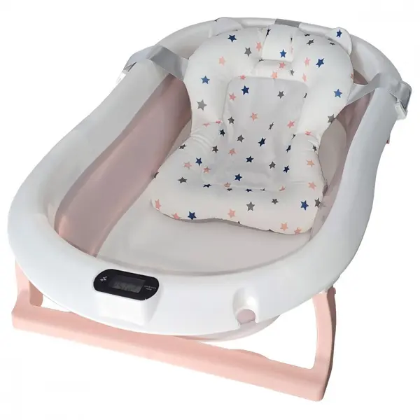 Cadita pliabila pentru bebelusi KidsCare Roz cu suport metalic, termometru, perna reductor, jucarii, protectie cap, cana pliabila