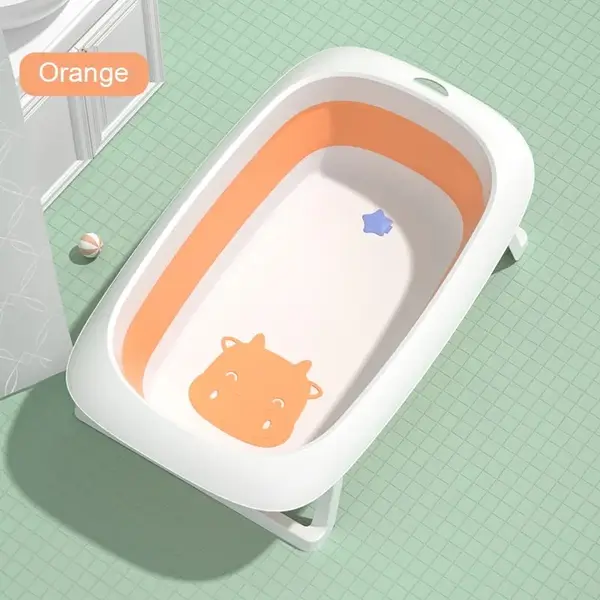 Cadita pliabila pentru copii Little Mom Happy Cow Orange, cu Dop de scurgere senzor de temperatura, picioruse si baza antialunecare, dimensiune 82 x 51 x 22 cm