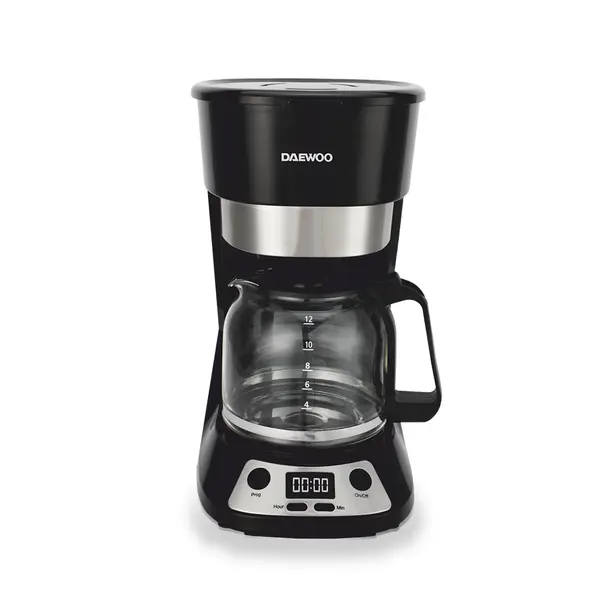 Cafetiera Daewoo DCM90BX, 900 W, 1.5 litri, display LCD, filtru permanent, anti-picurare, timer, pornire automata, mentinere cald 40 min, Negru/Inox