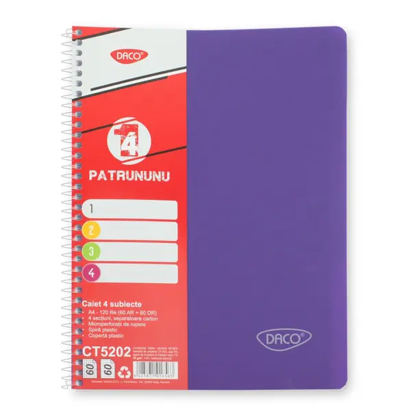 Caiet cu spira A4, 120 file, Daco (60dictando+ 60matematica)