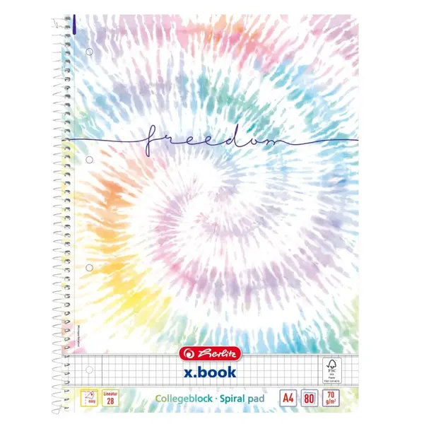 Caiet cu spirala A4, 80 file, matematica, colturi rotunjite, 70g mp, FSC, Herlitz X.Book New Batik Freedom,