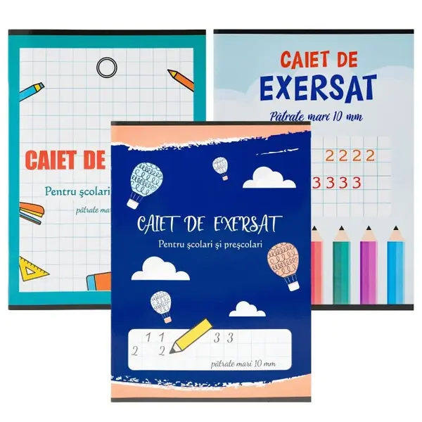 Caiet de exersat A5 pentru prescolari si scolari, 24 file, patratele mari 10mm