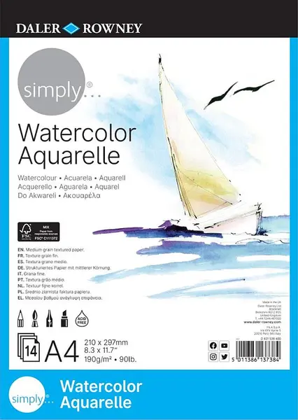 Caiet de schițe cu acuarelă Daler-Rowney Simply - A4, 12 foi, sortiment