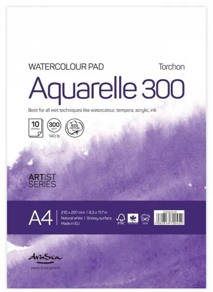 Caiet de schite pentru vopsele acuarele Drasca Watercolour pad - A4, 10 file