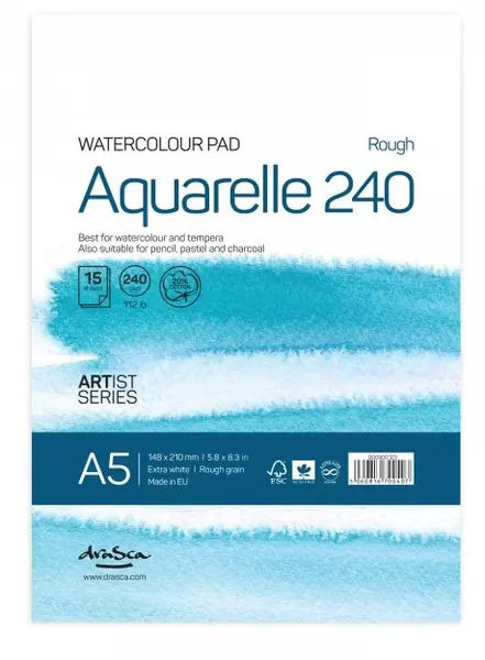 Caiet de schite pentru vopsele acuarele Drasca Watercolour pad - A5, 15 file