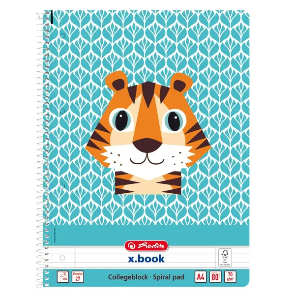 Caiet dictando cu spirala, A4, Herlitz, Cute Animals, Tigru, 80 file