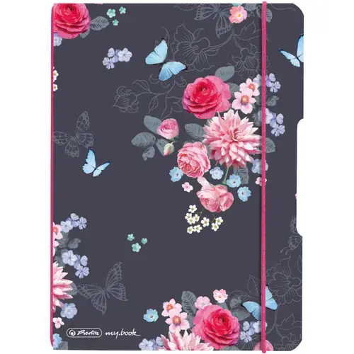 Caiet Herlitz MyBook Flex, A5, 40file, 80gr, patratele, coperta Ladylike Flowers, elastic roz