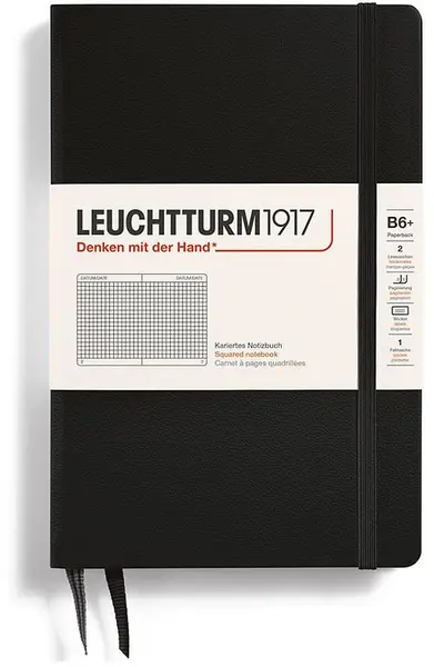 Caiet Leuchtturm1917 Paperback - B6+, negru, pagini pătrate, copertă rigidă