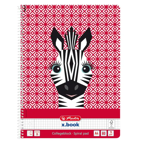Caiet matematica cu spirala, A4, Herlitz, Cute Animals, Zebra, 80 file