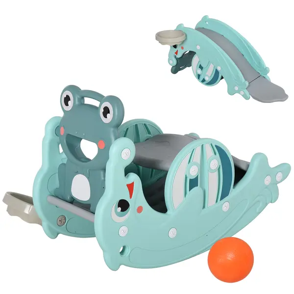 Cal balansoar HOMCOM 3-in-1 leagan din plastic, Tobogan pentru copii 3-5 ani, cos, HDPE, Verde | Aosom Romania