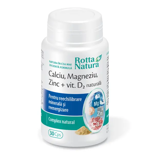 Calciu, magneziu, zinc, vitamina D2 naturala, 30 capsule, Rotta Natura