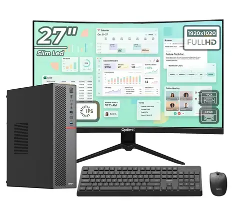Calculator Sistem Desktop Office OptimX T5 SFF cu procesor Intel Core i5-10500T, 16GB DDR4, 512GB SSD, Win11 Pro si Monitor Curbat 27inch FHD, IPS, LED + kit tastatura si mouse Pro KM500 cu fir