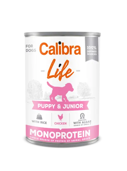 Calibra Dog Life Puppy & Junior, Chicken & Rice 400 g, conserva
