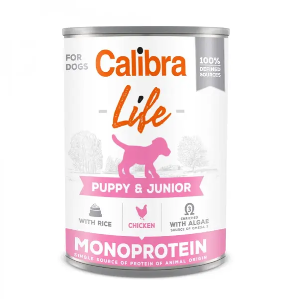 CALIBRA Life Puppy&Junior, XS-XL, Pui și Orez, conservă hrană umedă monoproteică câini junior, (pate), 400g