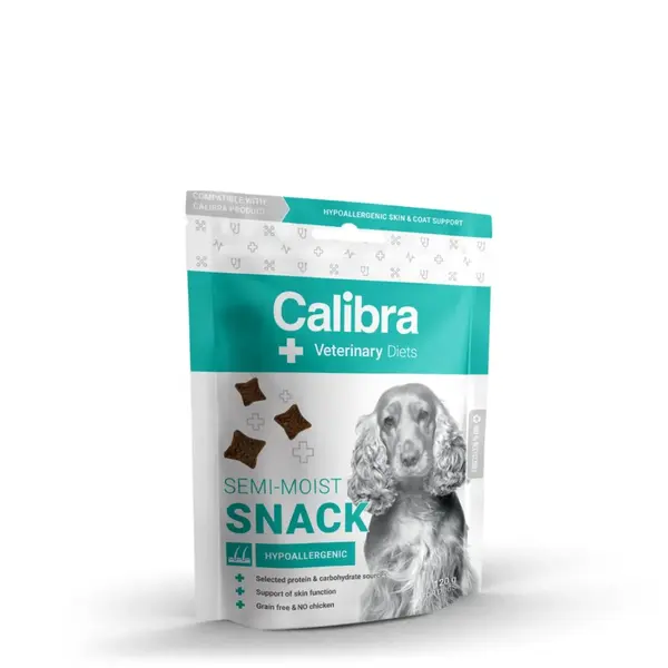 CALIBRA Veterinary Diets Snack Hypoallergenic, XS-XL, Somon, punguță recompense funcționale fără cereale câini, alergii, 120g