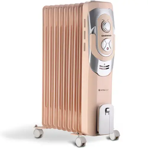 Calorifer electric cu ulei Daewoo DOH9C, 2000 W, 9 elementi, 5 canale de ulei, 3 nivele de putere, Termostat reglabil, Protectie supraincalzire, Indicator luminos (Roz)