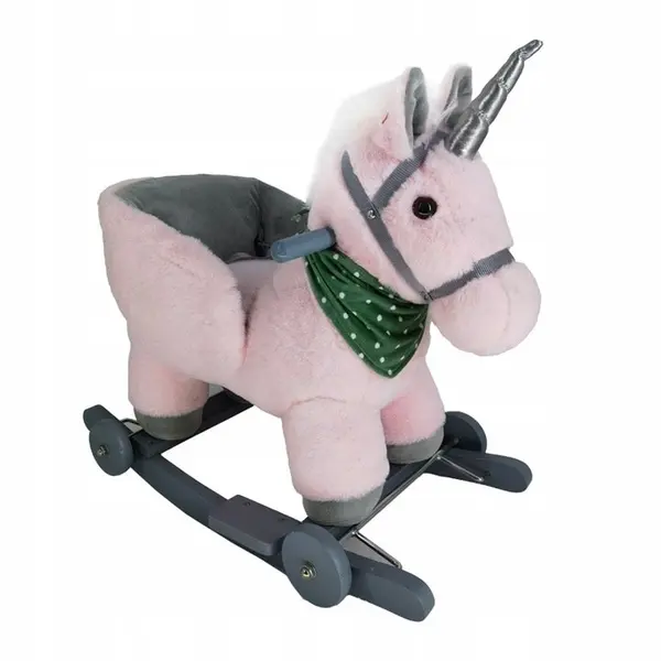 Calut balansoar interactiv pentru copii Matadi, prevazut cu roti, spatar si efecte sonore realiste, realizat din plus pink unicorn, dimensiune 65 x 50 x 36cm