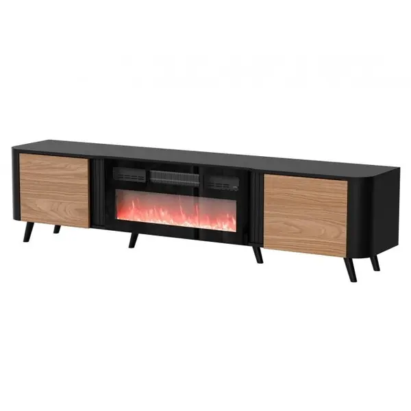 Cama MEBLE Comoda Cama Meble RTV Volare, 200x39x49 cm, PAL-MDF, cu semineu electric, Negru-Nuc